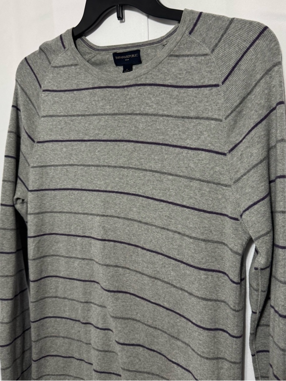 Banana Republic Pinstripe Crewneck M Grey Indigo Purple Luxury Cotton Knit Prepp